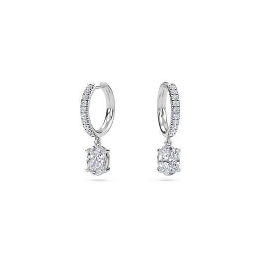 1.40 Carat Oval Cut Diamond Drop Hoop Earrings with Round Side Stones – Elegant Fine Jewelry