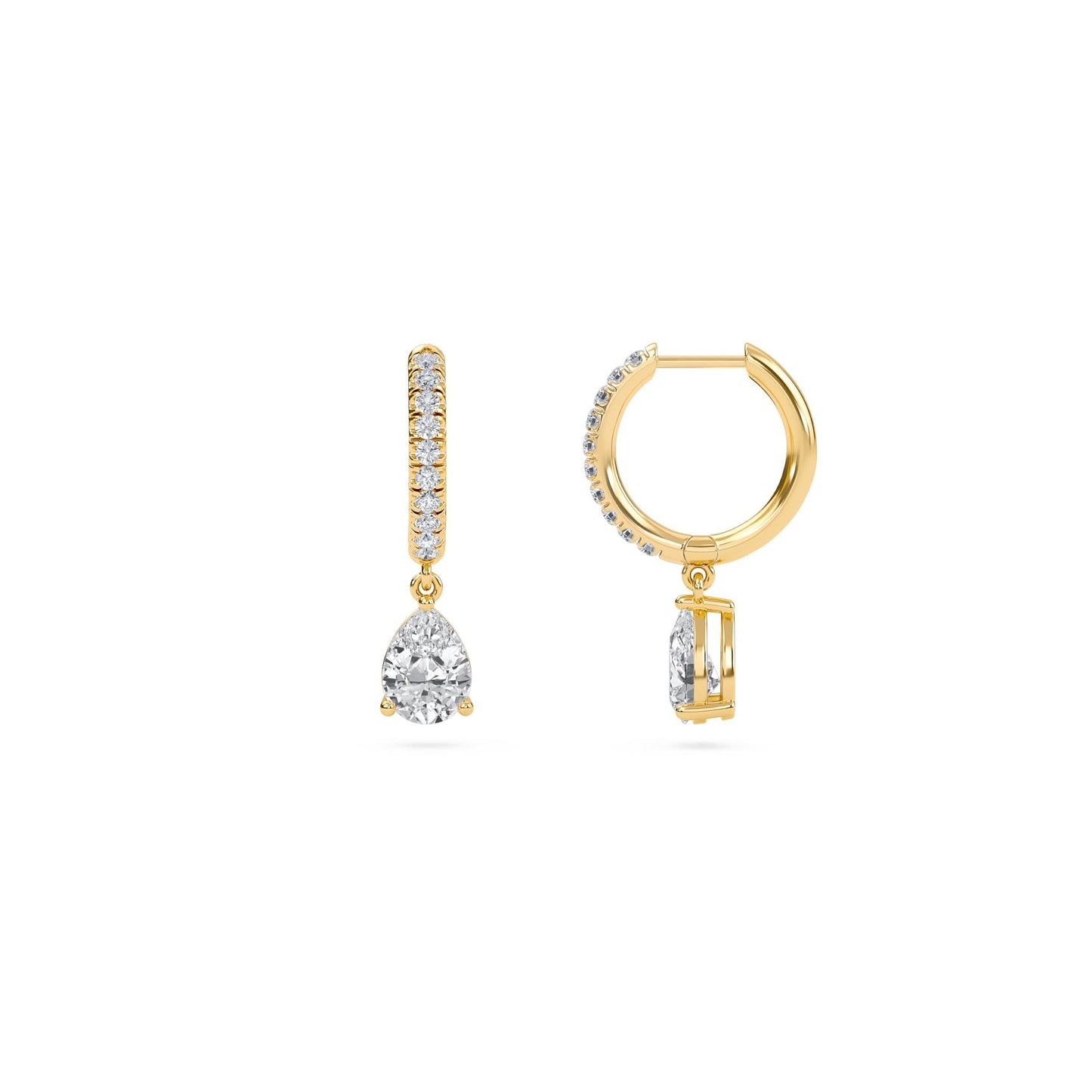 1.40 carat pear cut diamond drop hoop earrings with round side stones – elegant fine jewelry