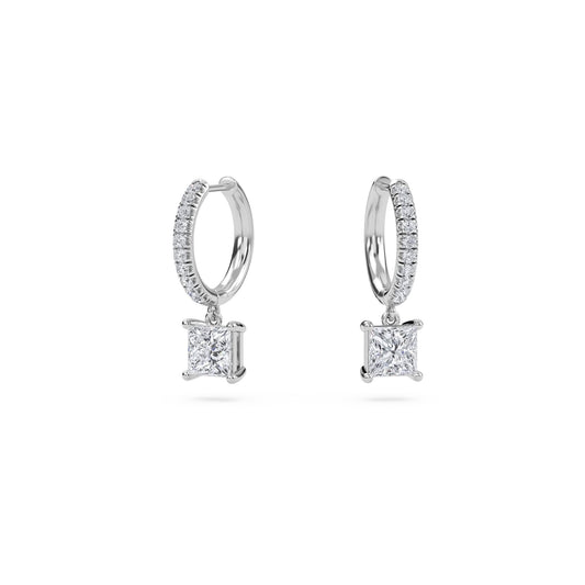 1.40 Carat Princess Cut Diamond Drop Hoop Earrings with Round Side Stones – Elegant Fine Jewelry