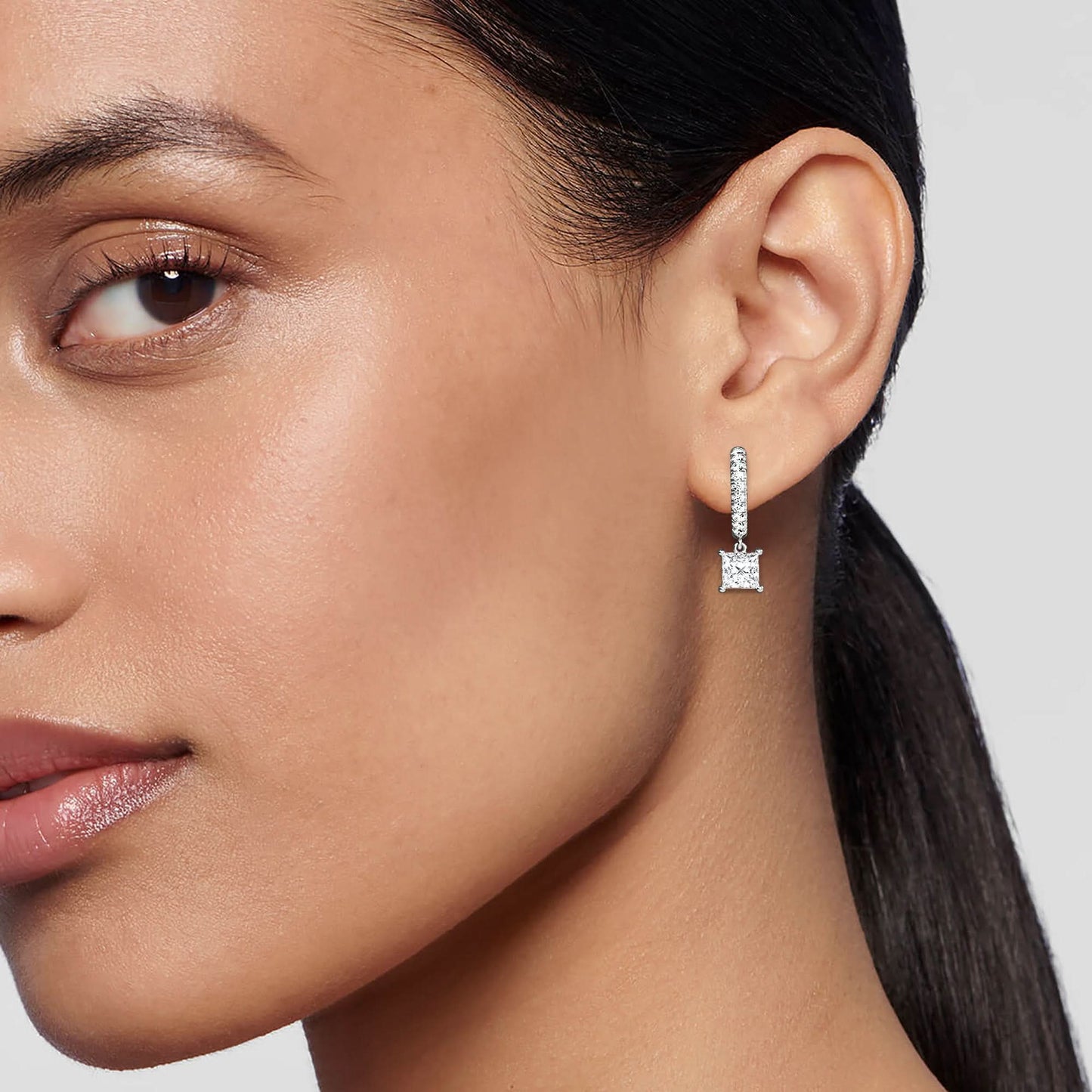 1.40 carat princess cut diamond drop hoop earrings with round side stones – elegant fine jewelry
