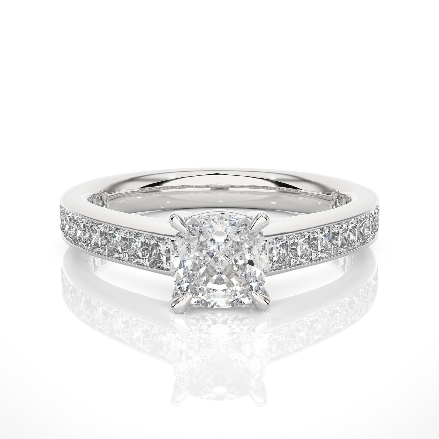 1.20 carat cushion cut solitaire diamond engagement ring with princess side stones โ elegant bridal jewelry