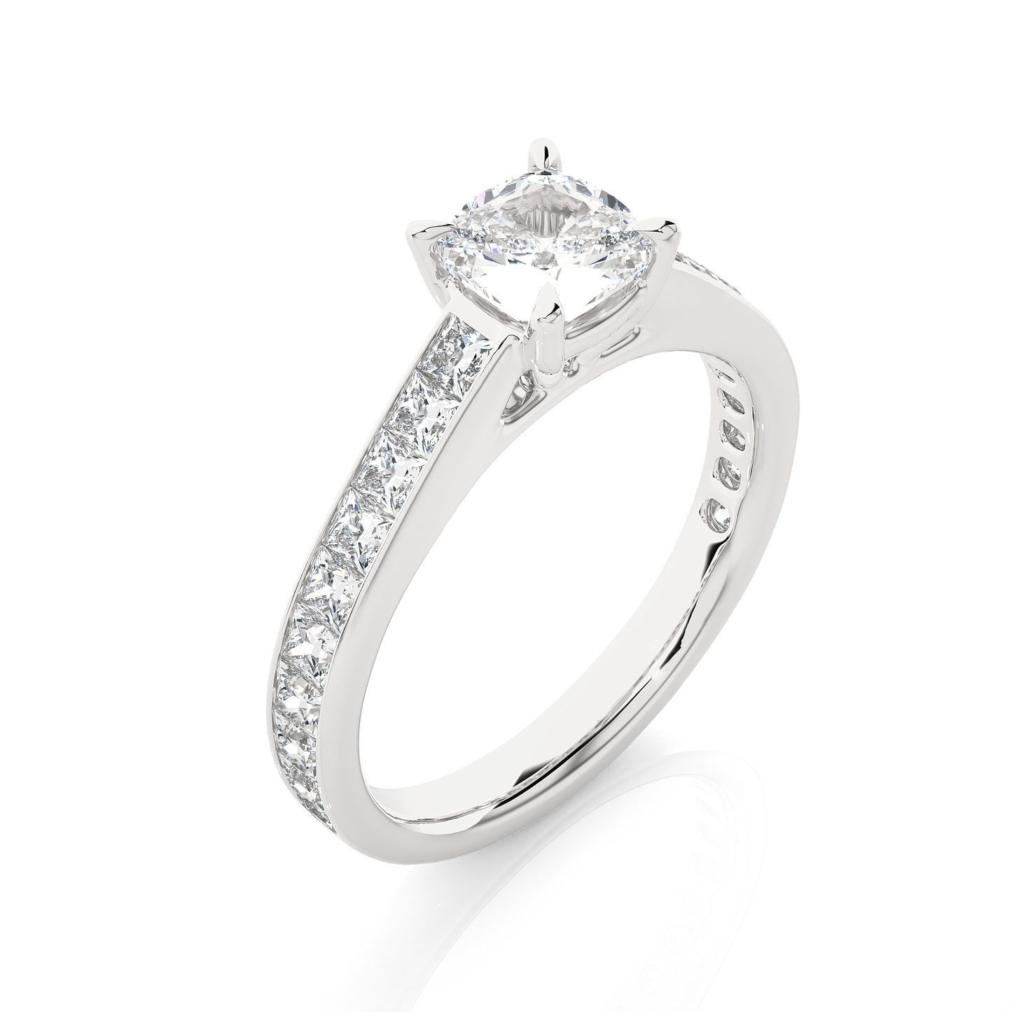 1.20 carat cushion cut solitaire diamond engagement ring with princess side stones โ elegant bridal jewelry