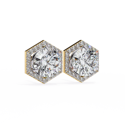 2.10 Carat Round Cut Halo Diamond Stud Earrings With Hexa Frame - Everyday Fine Jewelry