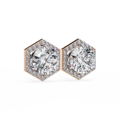 2.10 Carat Round Cut Halo Diamond Stud Earrings With Hexa Frame - Everyday Fine Jewelry