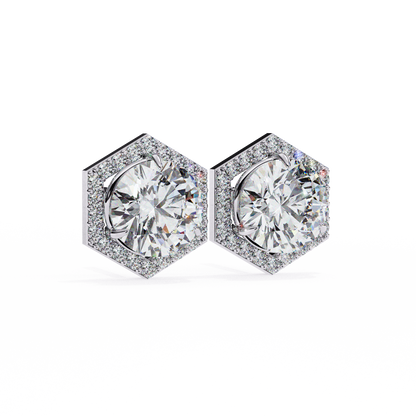 2.10 Carat Round Cut Halo Diamond Stud Earrings With Hexa Frame - Everyday Fine Jewelry