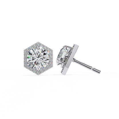 2.10 Carat Round Cut Halo Diamond Stud Earrings With Hexa Frame - Everyday Fine Jewelry