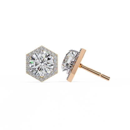2.10 Carat Round Cut Halo Diamond Stud Earrings With Hexa Frame - Everyday Fine Jewelry
