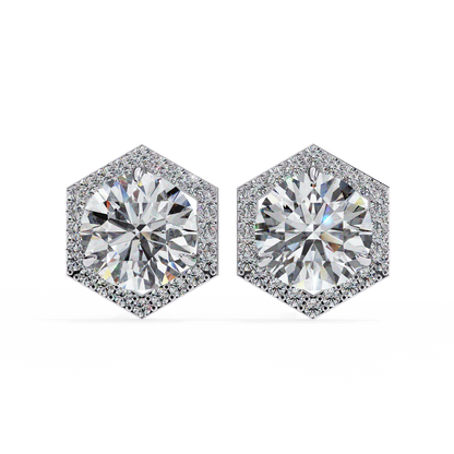 2.10 Carat Round Cut Halo Diamond Stud Earrings With Hexa Frame - Everyday Fine Jewelry