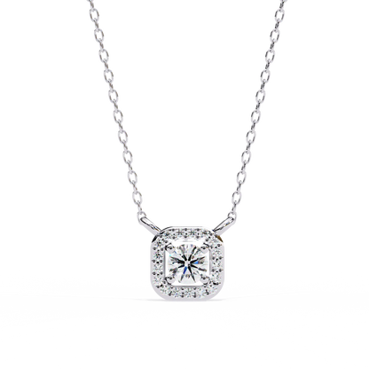 Round Brilliant Cut Diamond Halo Pendant with Cushion Frame - Elegant Designer Jewelry