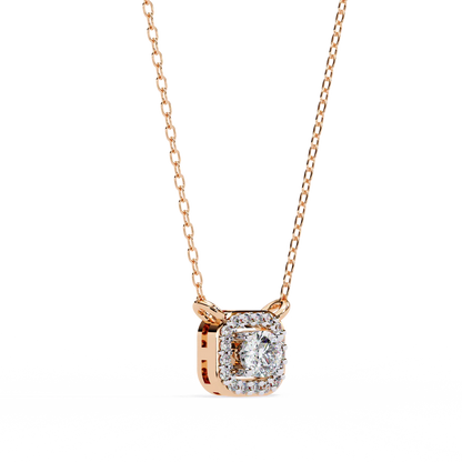 Round Brilliant Cut Diamond Halo Pendant with Cushion Frame - Elegant Designer Jewelry