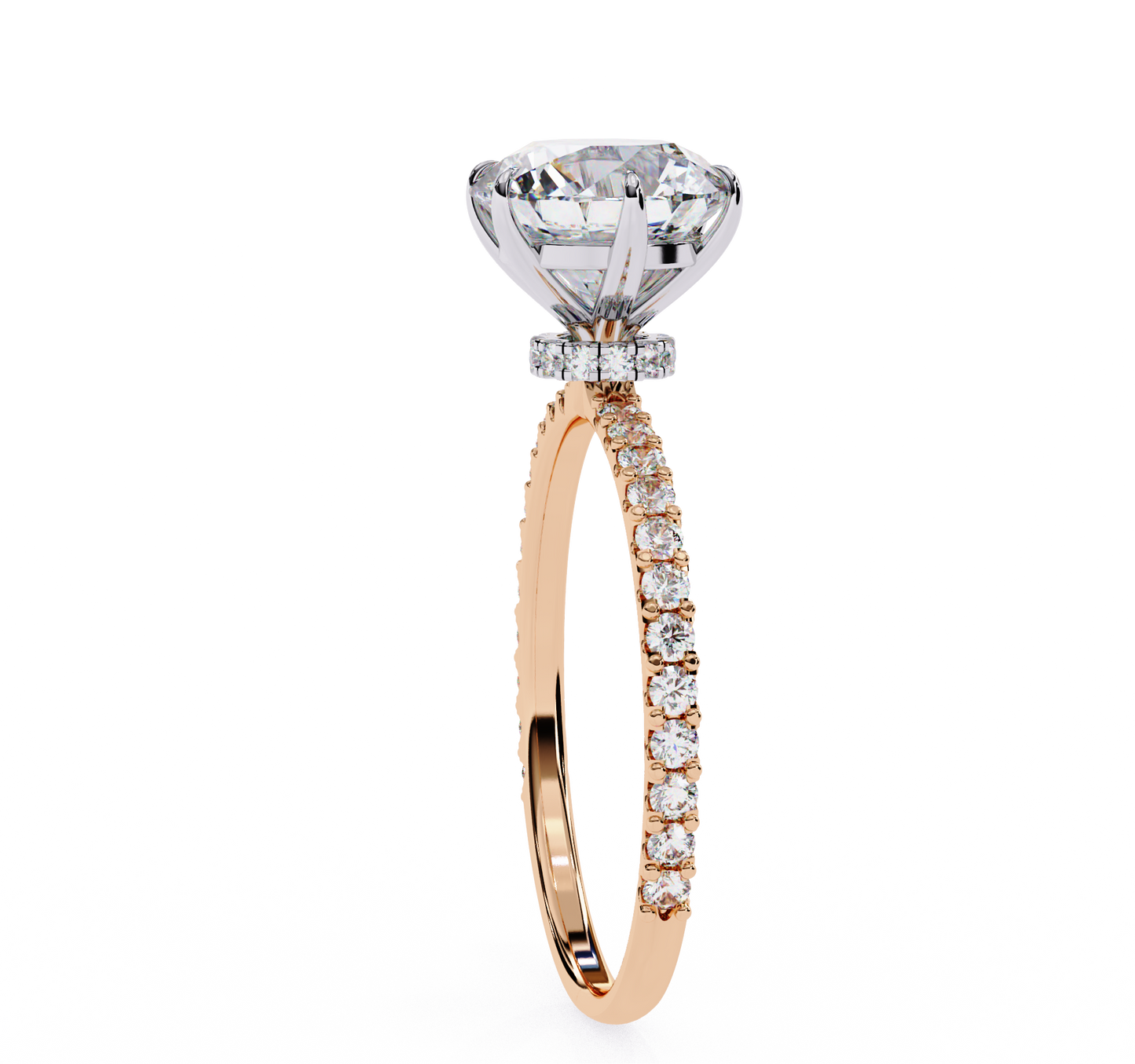 1.36 carat round cut hidden halo diamond engagement ring with round side stones – elegant bridal ring