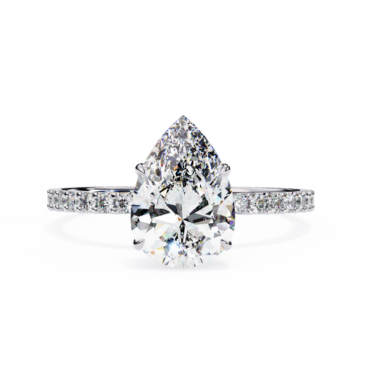 1.36 Carat Pear Cut Hidden Halo Diamond Engagement Ring with Round Side Stones – Elegant Bridal Ring
