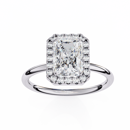 1.20 Carat Radiant Cut Halo Diamond Engagement Ring with Round Side Stones – Elegant Bridal Jewelry