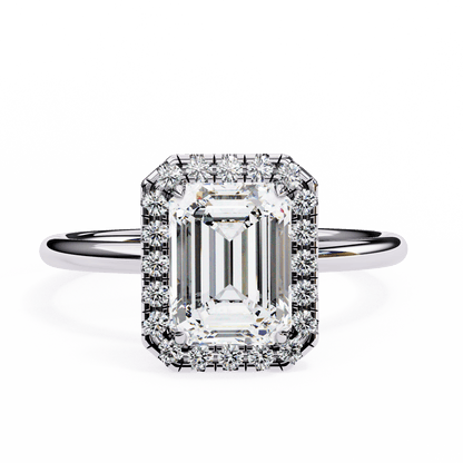 1.20 Carat Emerald Cut Halo Diamond Engagement Ring with Round Side Stones – Elegant Bridal Jewelry