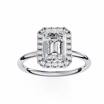 1.20 Carat Emerald Cut Halo Diamond Engagement Ring with Round Side Stones – Elegant Bridal Jewelry