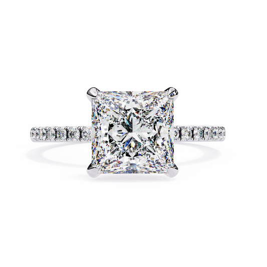 2.34 Carat Princess Cut Hidden Halo Diamond Engagement Ring with Round Side Stones- Luxury Diamond Jewelry