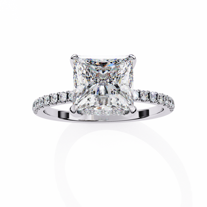 2.34 Carat Princess Cut Hidden Halo Diamond Engagement Ring with Round Side Stones- Luxury Diamond Jewelry