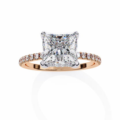 2.34 Carat Princess Cut Hidden Halo Diamond Engagement Ring with Round Side Stones- Luxury Diamond Jewelry