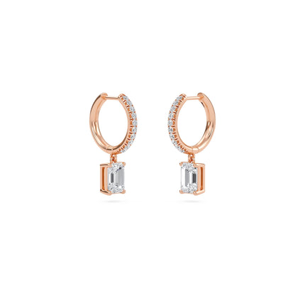 1.40 Carat Emerald Cut Diamond Drop Hoop Earrings with Round Side Stones – Elegant Fine Jewelry