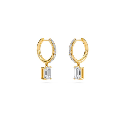 1.40 Carat Emerald Cut Diamond Drop Hoop Earrings with Round Side Stones – Elegant Fine Jewelry