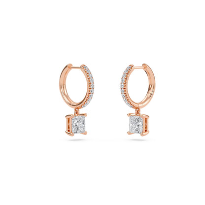 1.40 Carat Princess Cut Diamond Drop Hoop Earrings with Round Side Stones – Elegant Fine Jewelry