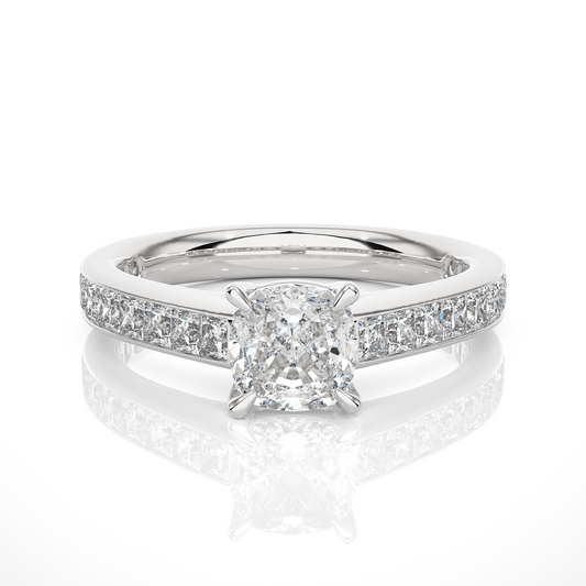 1.20 Carat Cushion Cut Solitaire Diamond Engagement Ring with Princess Side Stones – Elegant Bridal Jewelry