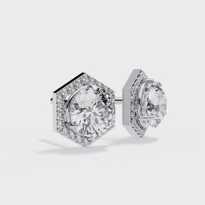 2.10 Carat Round Cut Halo Diamond Stud Earrings With Hexa Frame - Everyday Fine Jewelry