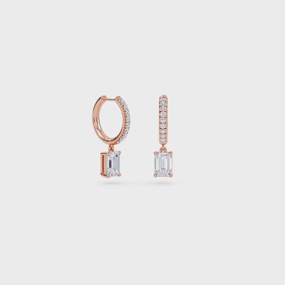 1.40 Carat Emerald Cut Diamond Drop Hoop Earrings with Round Side Stones – Elegant Fine Jewelry