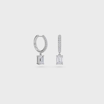 1.40 Carat Emerald Cut Diamond Drop Hoop Earrings with Round Side Stones – Elegant Fine Jewelry