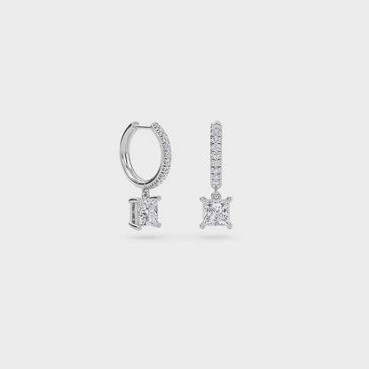 1.40 Carat Princess Cut Diamond Drop Hoop Earrings with Round Side Stones – Elegant Fine Jewelry