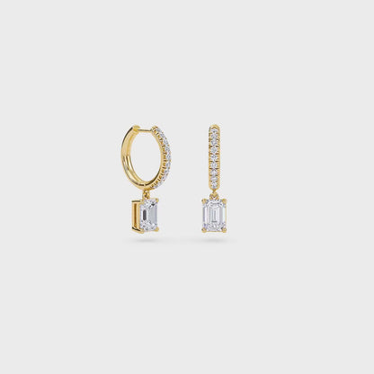 1.40 Carat Emerald Cut Diamond Drop Hoop Earrings with Round Side Stones – Elegant Fine Jewelry