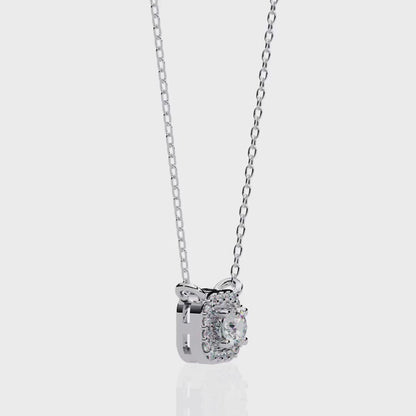 Round Brilliant Cut Diamond Halo Pendant with Cushion Frame - Elegant Designer Jewelry