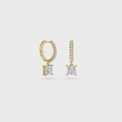 1.40 Carat Princess Cut Diamond Drop Hoop Earrings with Round Side Stones – Elegant Fine Jewelry